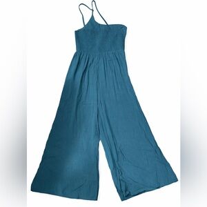 ANRABESS Teal Smocked Wide Leg Jumpsuit Boho Resort Romper XL NWT